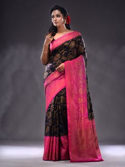 CHARUKRITI - Black Dupion Silk Handwoven Saree With Unstitched Blouse